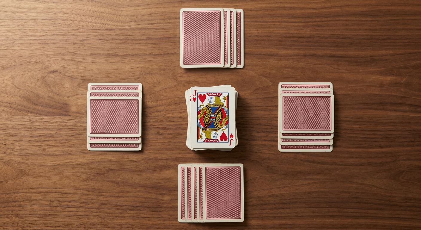 Euchre cards dealt around a wooden table, with the jack of hearts turned face-up