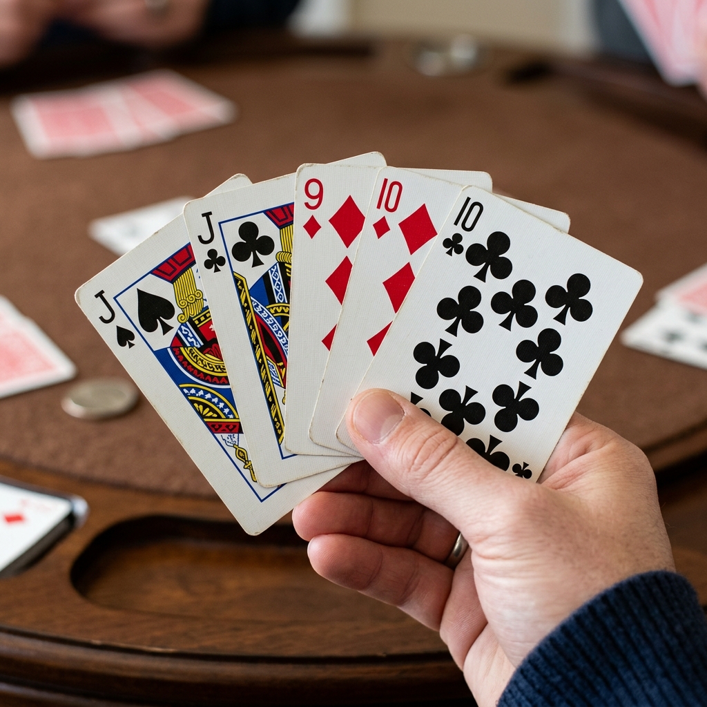 Illustration of a Jack of Diamonds and playing cards on a card table